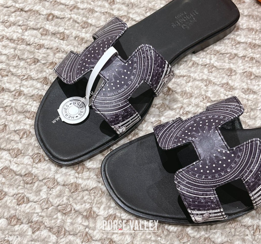 Hermes Classic Oran Flat Slide Sandals in Calfskin with Astrologie Bandana Print Black 2024 0123 (MD-240123083)