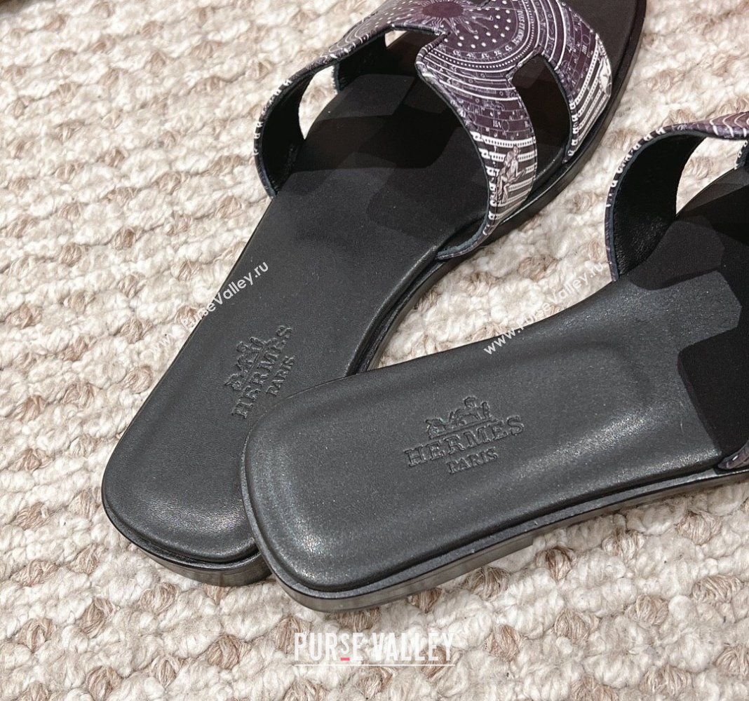 Hermes Classic Oran Flat Slide Sandals in Calfskin with Astrologie Bandana Print Black 2024 0123 (MD-240123083)