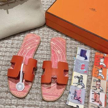 Hermes Classic Oran Flat Slide Sandals in Calfskin with Astrologie Bandana Print Orange 2024 (MD-240123084)