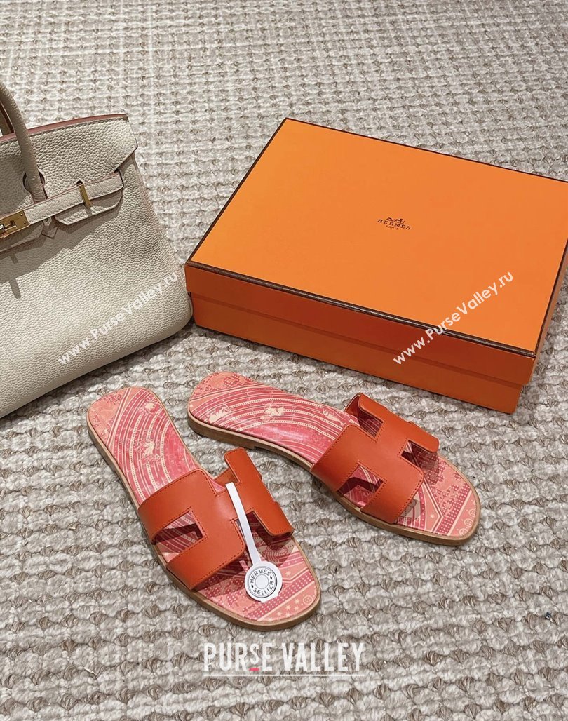 Hermes Classic Oran Flat Slide Sandals in Calfskin with Astrologie Bandana Print Orange 2024 (MD-240123084)