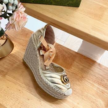 Gucci Chevron Leather Wedge Platform Espadrilles 10cm with Lace Gold 2024 (MD-240125094)