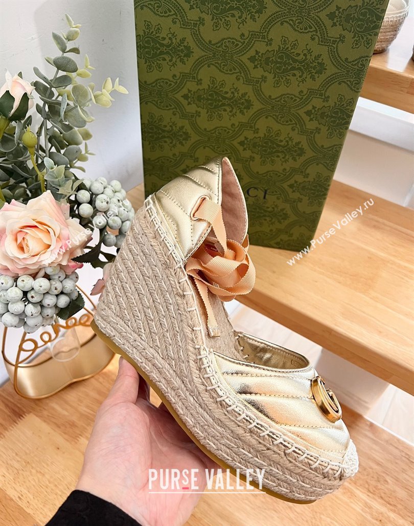 Gucci Chevron Leather Wedge Platform Espadrilles 10cm with Lace Gold 2024 (MD-240125094)