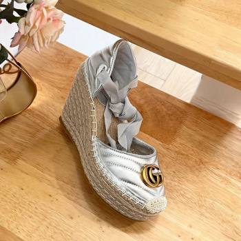 Gucci Chevron Leather Wedge Platform Espadrilles 10cm with Lace Silver 2024 (MD-240125095)