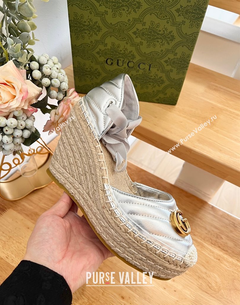 Gucci Chevron Leather Wedge Platform Espadrilles 10cm with Lace Silver 2024 (MD-240125095)