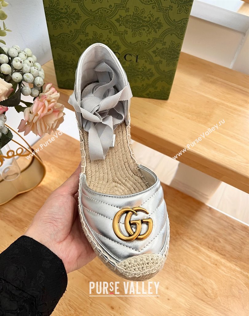 Gucci Chevron Leather Wedge Platform Espadrilles 10cm with Lace Silver 2024 (MD-240125095)