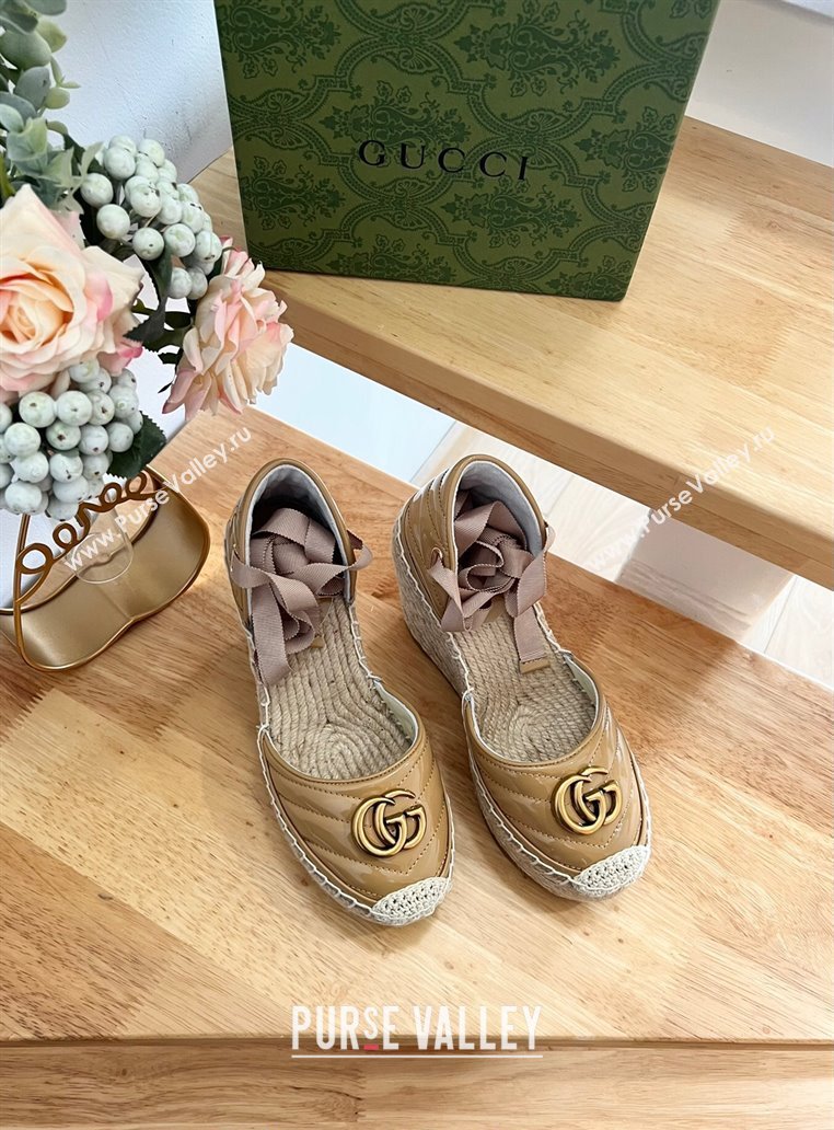 Gucci Chevron Patent Leather Wedge Platform Espadrilles 10cm with Lace Khaki 2024 (MD-240125096)