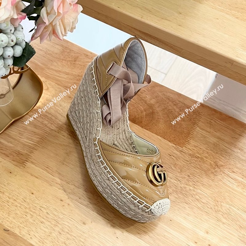 Gucci Chevron Patent Leather Wedge Platform Espadrilles 10cm with Lace Khaki 2024 (MD-240125096)