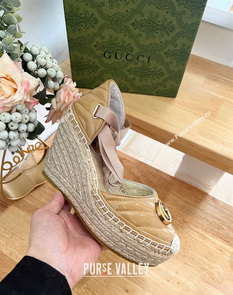 Gucci Chevron Patent Leather Wedge Platform Espadrilles 10cm with Lace Khaki 2024 (MD-240125096)