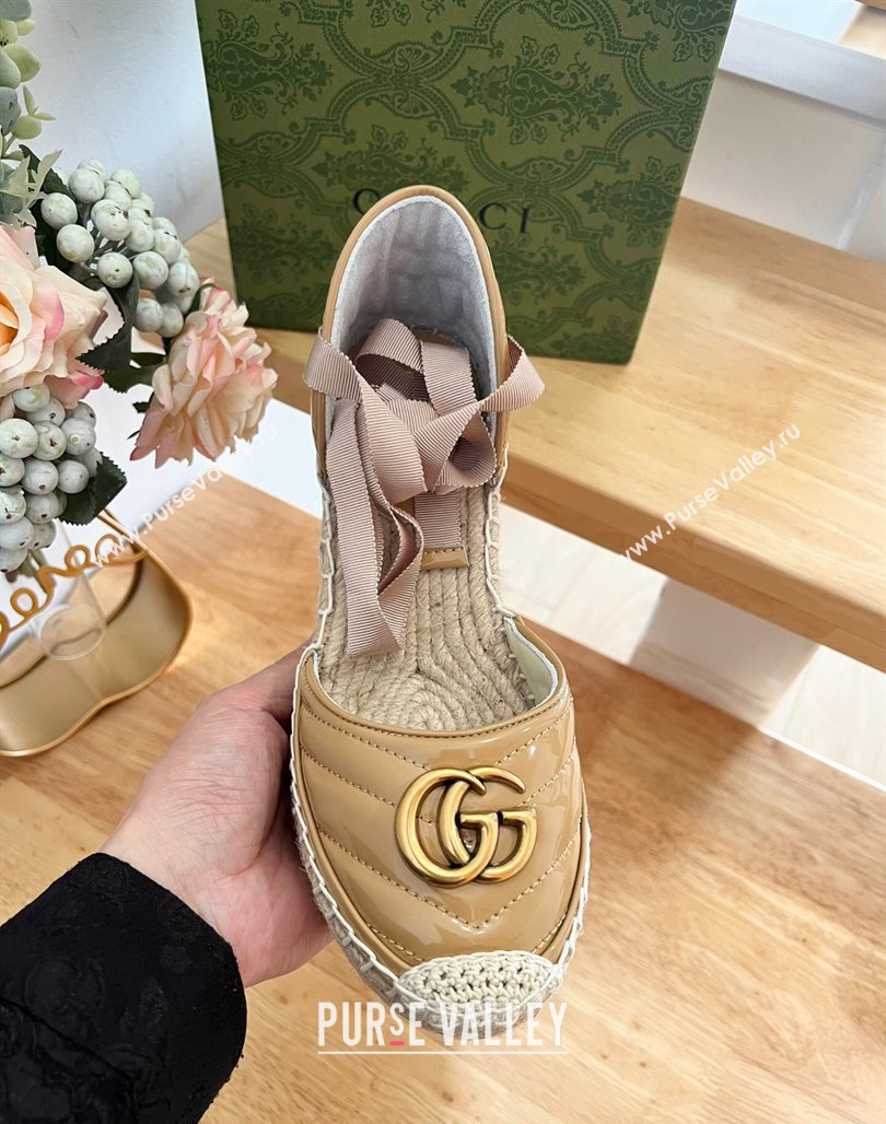 Gucci Chevron Patent Leather Wedge Platform Espadrilles 10cm with Lace Khaki 2024 (MD-240125096)