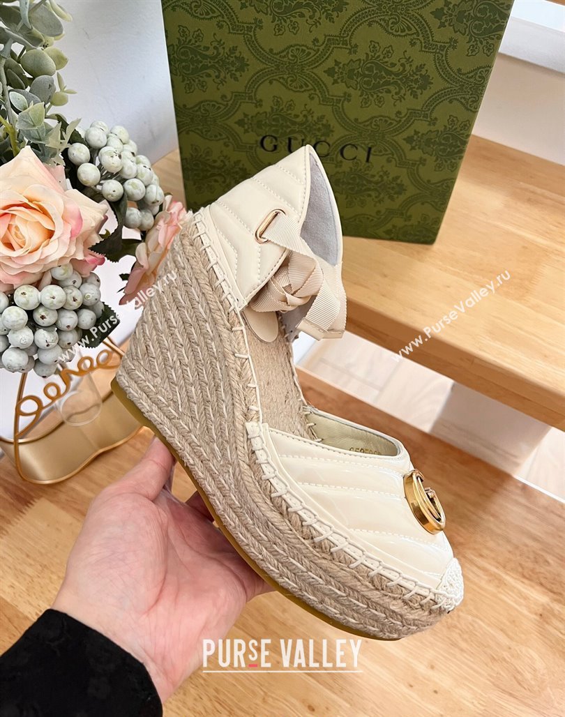 Gucci Chevron Patent Leather Wedge Platform Espadrilles 10cm with Lace White 2024 (MD-240125097)