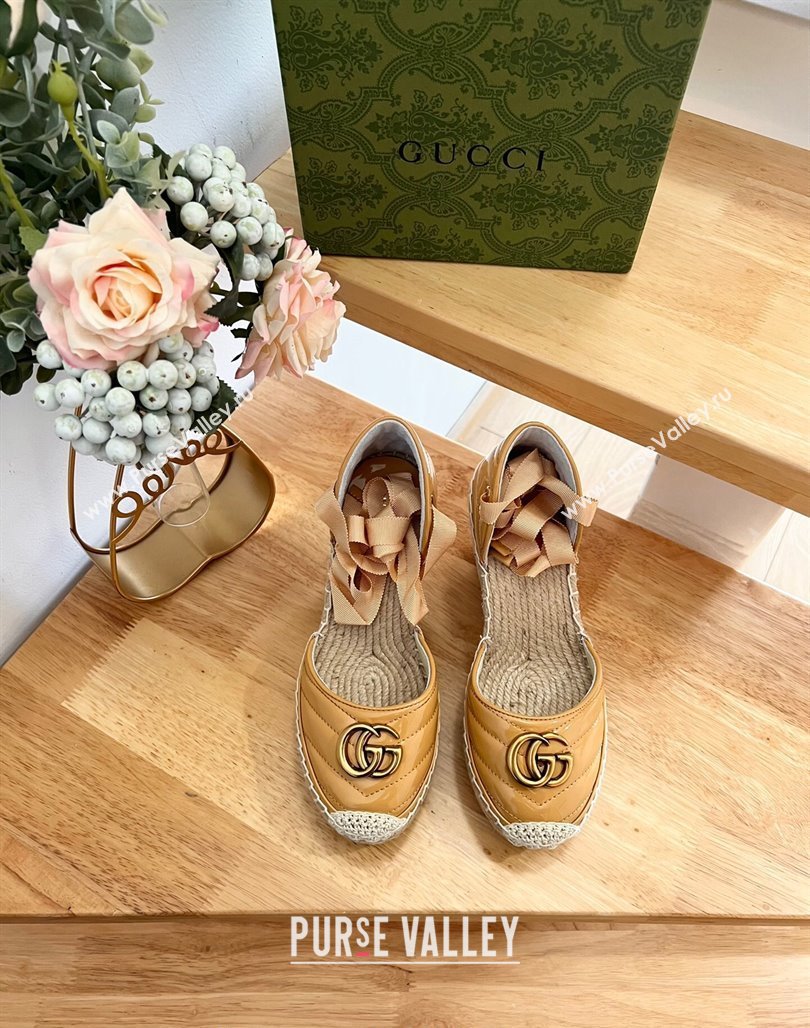 Gucci Chevron Patent Leather Wedge Platform Espadrilles 10cm with Lace Apricot 2024 (MD-240125099)