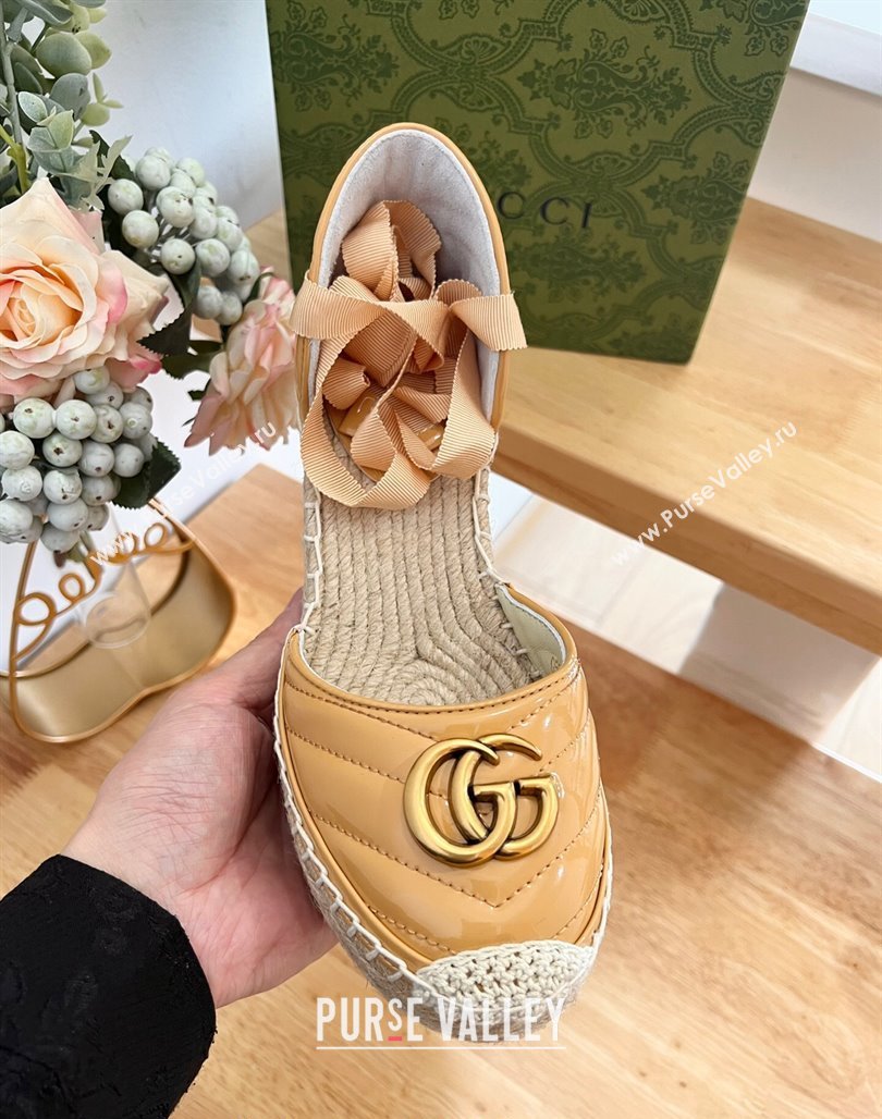 Gucci Chevron Patent Leather Wedge Platform Espadrilles 10cm with Lace Apricot 2024 (MD-240125099)