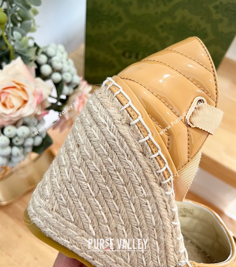 Gucci Chevron Patent Leather Wedge Platform Espadrilles 10cm with Lace Apricot 2024 (MD-240125099)