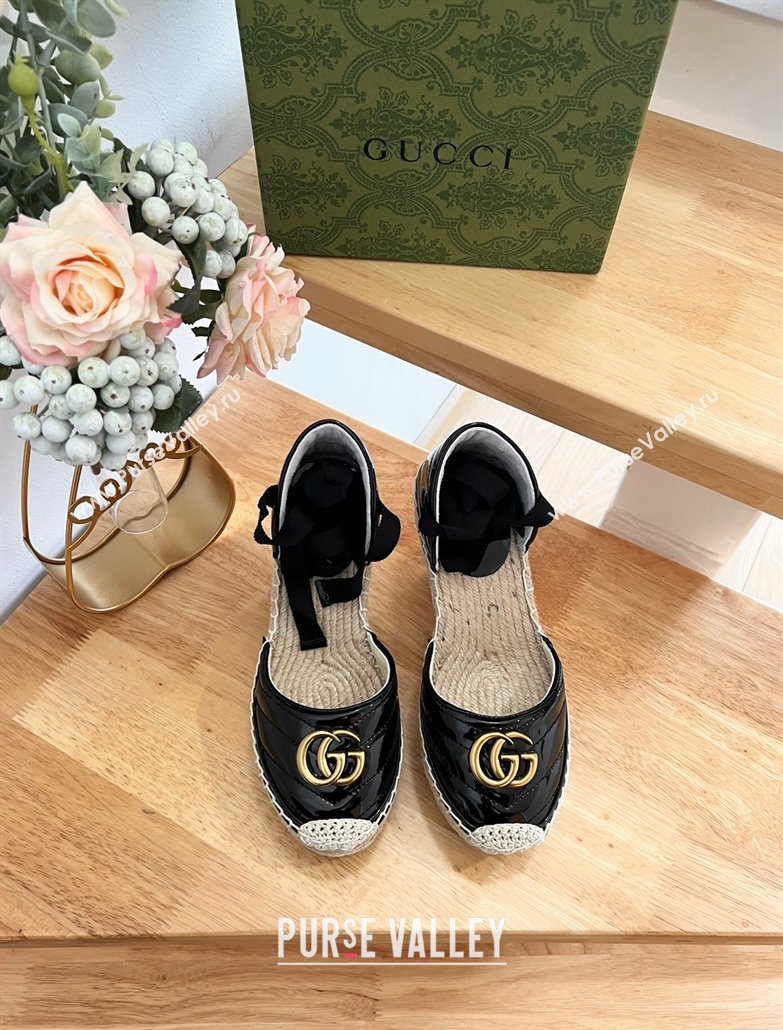 Gucci Chevron Patent Leather Wedge Platform Espadrilles 10cm with Lace Black 2024 (MD-240125100)