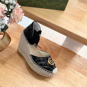 Gucci Chevron Patent Leather Wedge Platform Espadrilles 10cm with Lace Black 2024 (MD-240125100)