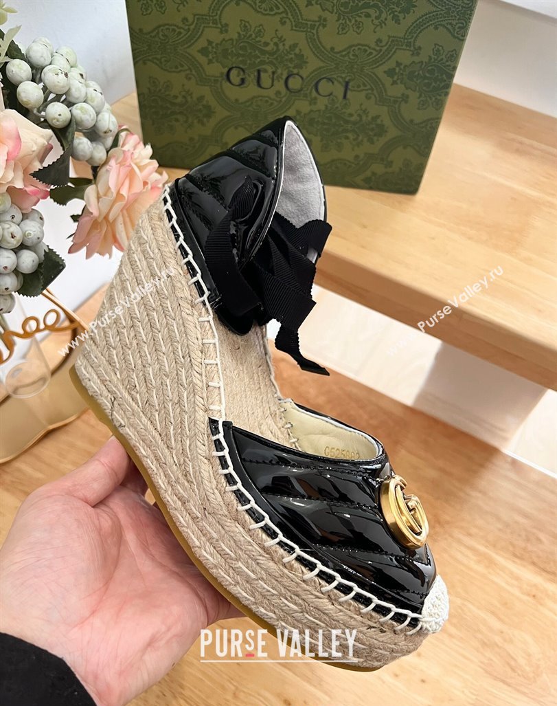 Gucci Chevron Patent Leather Wedge Platform Espadrilles 10cm with Lace Black 2024 (MD-240125100)