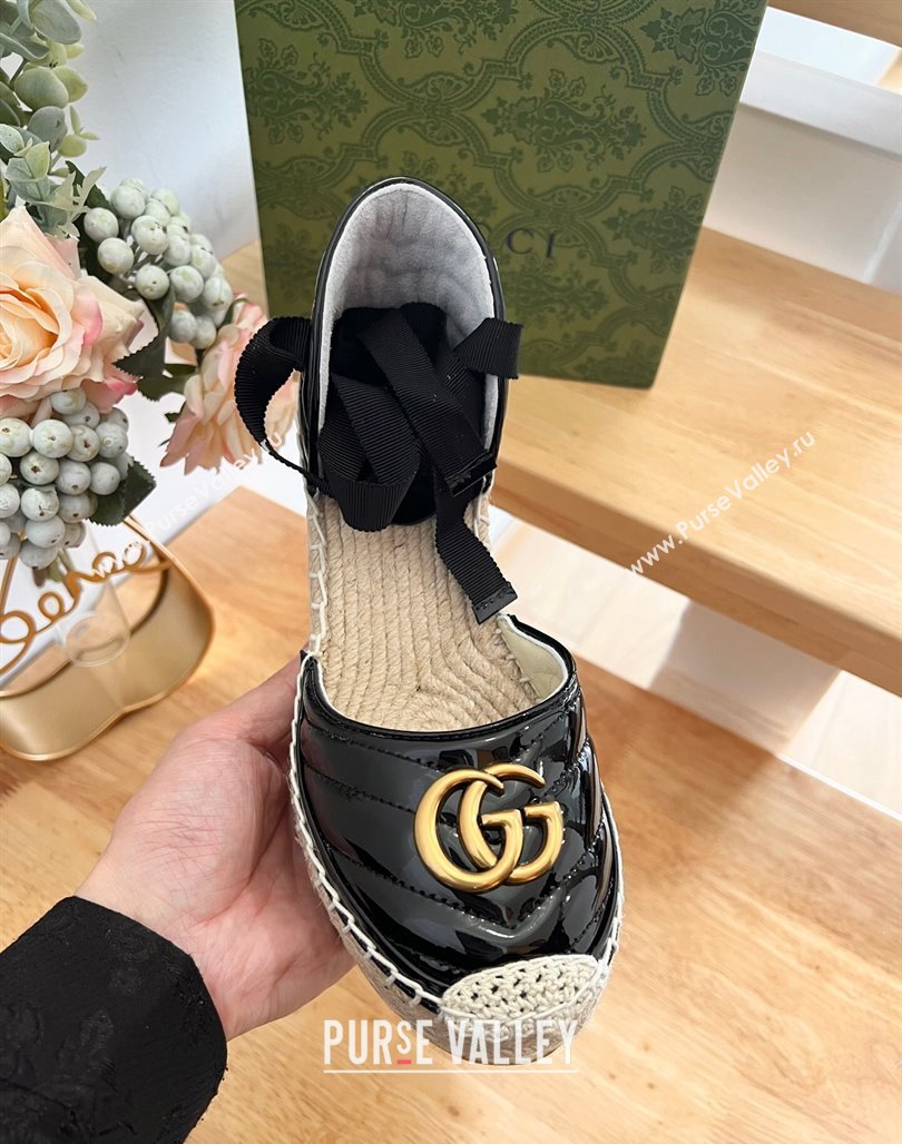 Gucci Chevron Patent Leather Wedge Platform Espadrilles 10cm with Lace Black 2024 (MD-240125100)