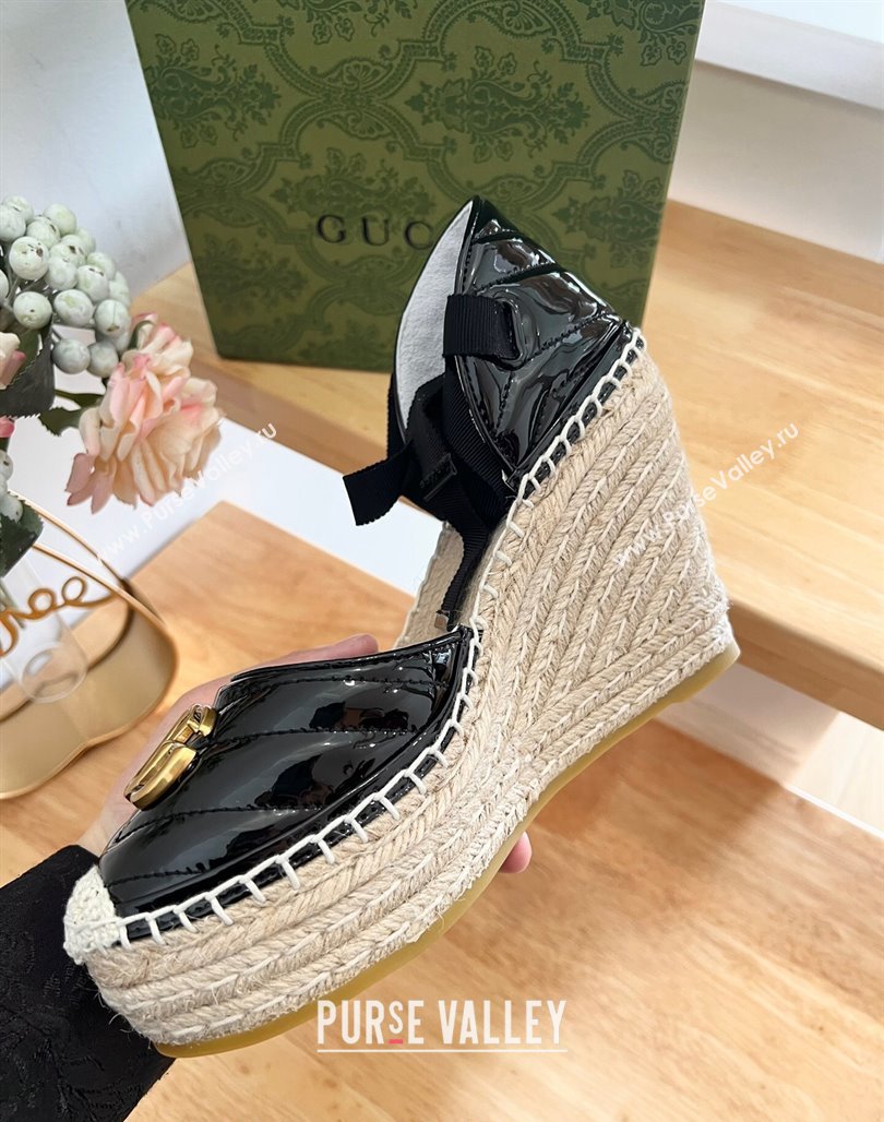 Gucci Chevron Patent Leather Wedge Platform Espadrilles 10cm with Lace Black 2024 (MD-240125100)