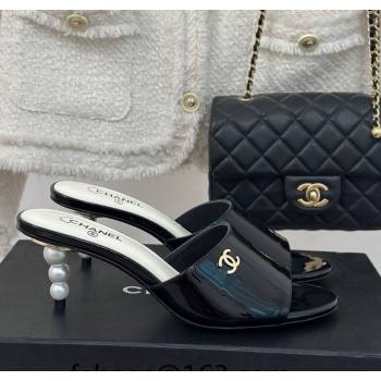 Chanel Patent Calfskin Slide Sandals 6cm with Pearls Heel Black 2024 0126 (MD-240126054)