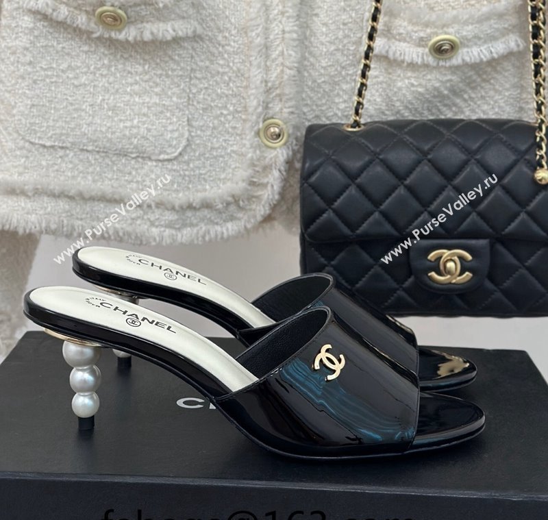 Chanel Patent Calfskin Slide Sandals 6cm with Pearls Heel Black 2024 0126 (MD-240126054)