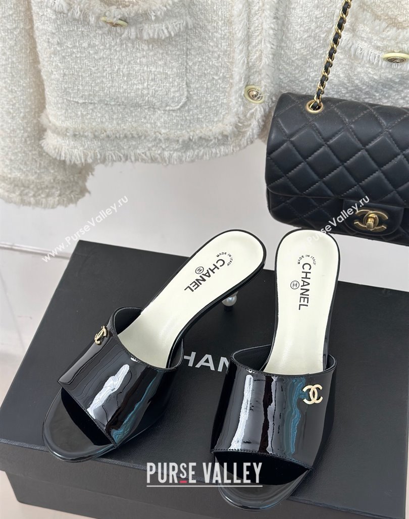 Chanel Patent Calfskin Slide Sandals 6cm with Pearls Heel Black 2024 0126 (MD-240126054)