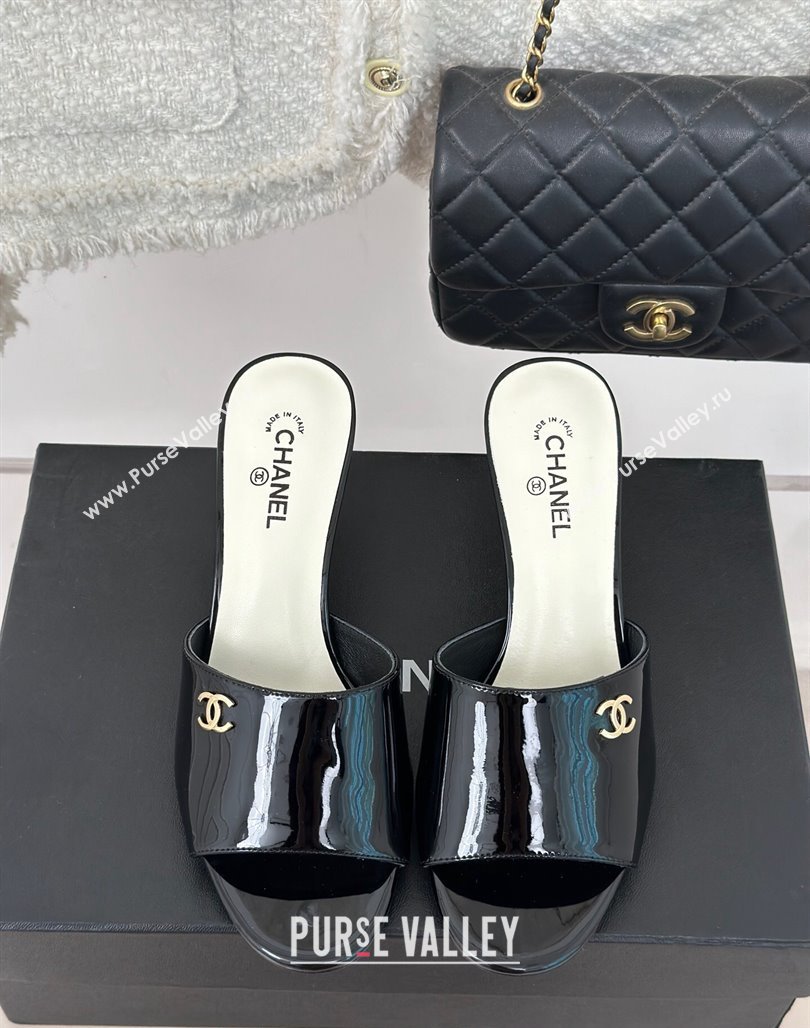 Chanel Patent Calfskin Slide Sandals 6cm with Pearls Heel Black 2024 0126 (MD-240126054)