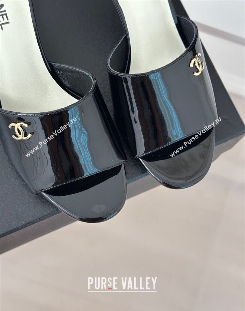 Chanel Patent Calfskin Slide Sandals 6cm with Pearls Heel Black 2024 0126 (MD-240126054)