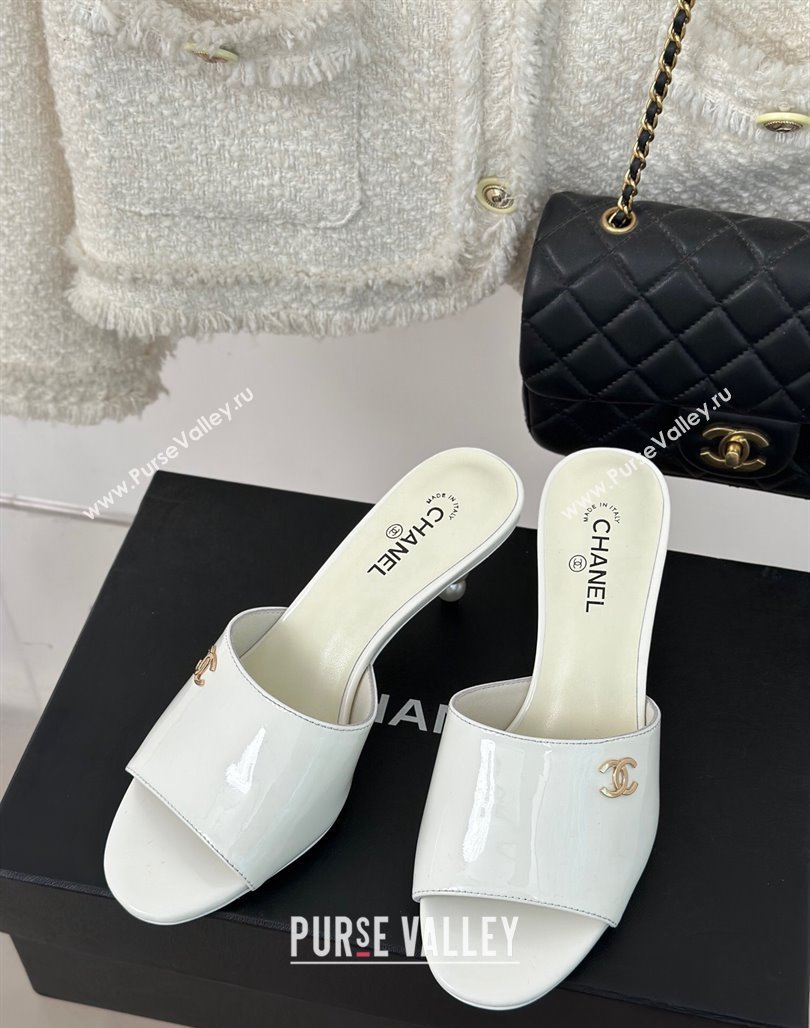 Chanel Patent Calfskin Slide Sandals 6cm with Pearls Heel White 2024 0126 (MD-240126055)