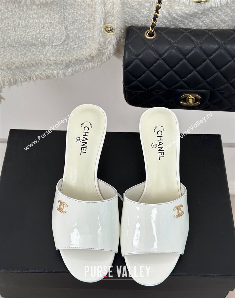 Chanel Patent Calfskin Slide Sandals 6cm with Pearls Heel White 2024 0126 (MD-240126055)