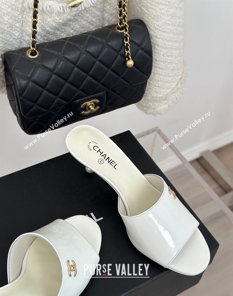 Chanel Patent Calfskin Slide Sandals 6cm with Pearls Heel White 2024 0126 (MD-240126055)