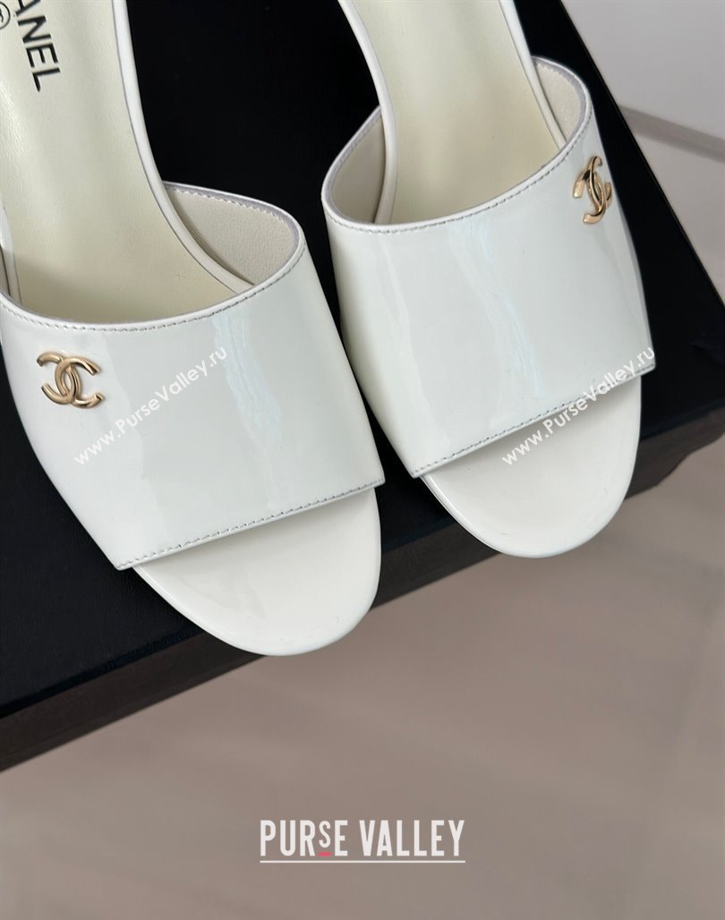 Chanel Patent Calfskin Slide Sandals 6cm with Pearls Heel White 2024 0126 (MD-240126055)