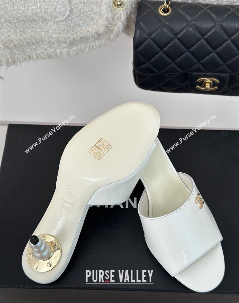 Chanel Patent Calfskin Slide Sandals 6cm with Pearls Heel White 2024 0126 (MD-240126055)