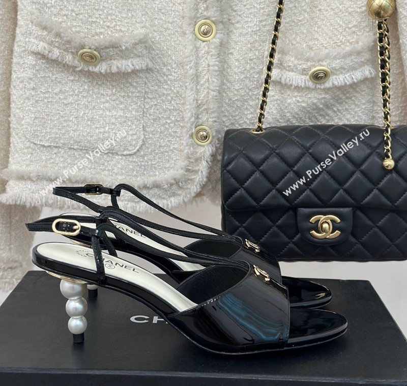 Chanel Patent Calfskin Sandals 6cm with Pearls Heel and Strap Black 2024 0126 (MD-240126056)