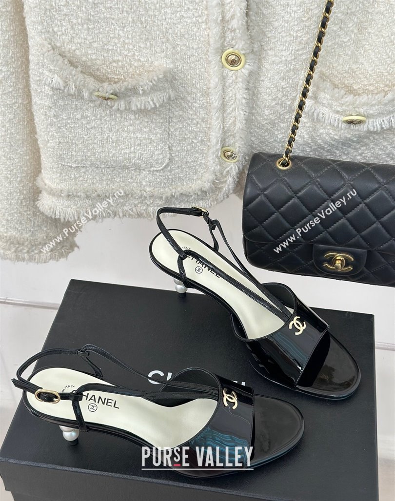 Chanel Patent Calfskin Sandals 6cm with Pearls Heel and Strap Black 2024 0126 (MD-240126056)