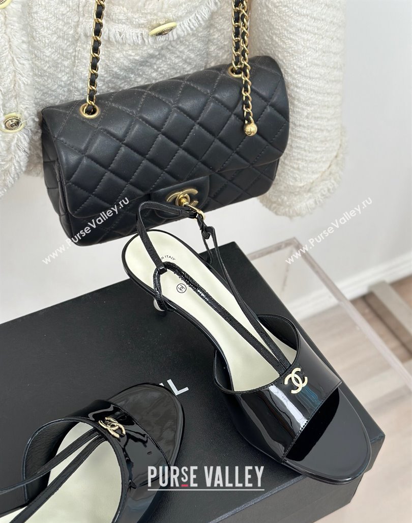 Chanel Patent Calfskin Sandals 6cm with Pearls Heel and Strap Black 2024 0126 (MD-240126056)