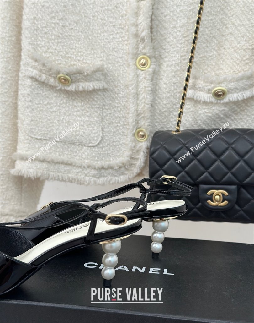 Chanel Patent Calfskin Sandals 6cm with Pearls Heel and Strap Black 2024 0126 (MD-240126056)