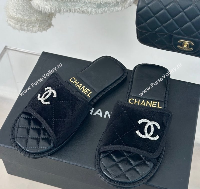 Chanel Velvet Foldover Flat Slide Sandals with Crystals CC Black 2024 (MD-240126064)