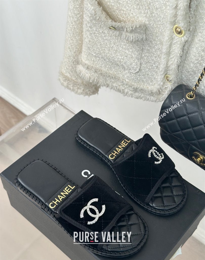 Chanel Velvet Foldover Flat Slide Sandals with Crystals CC Black 2024 (MD-240126064)