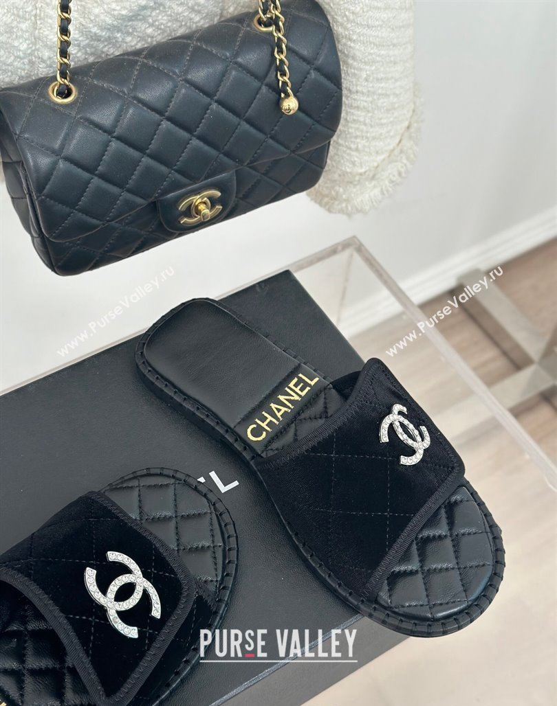 Chanel Velvet Foldover Flat Slide Sandals with Crystals CC Black 2024 (MD-240126064)