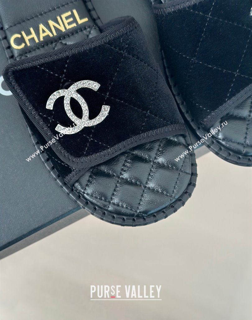 Chanel Velvet Foldover Flat Slide Sandals with Crystals CC Black 2024 (MD-240126064)