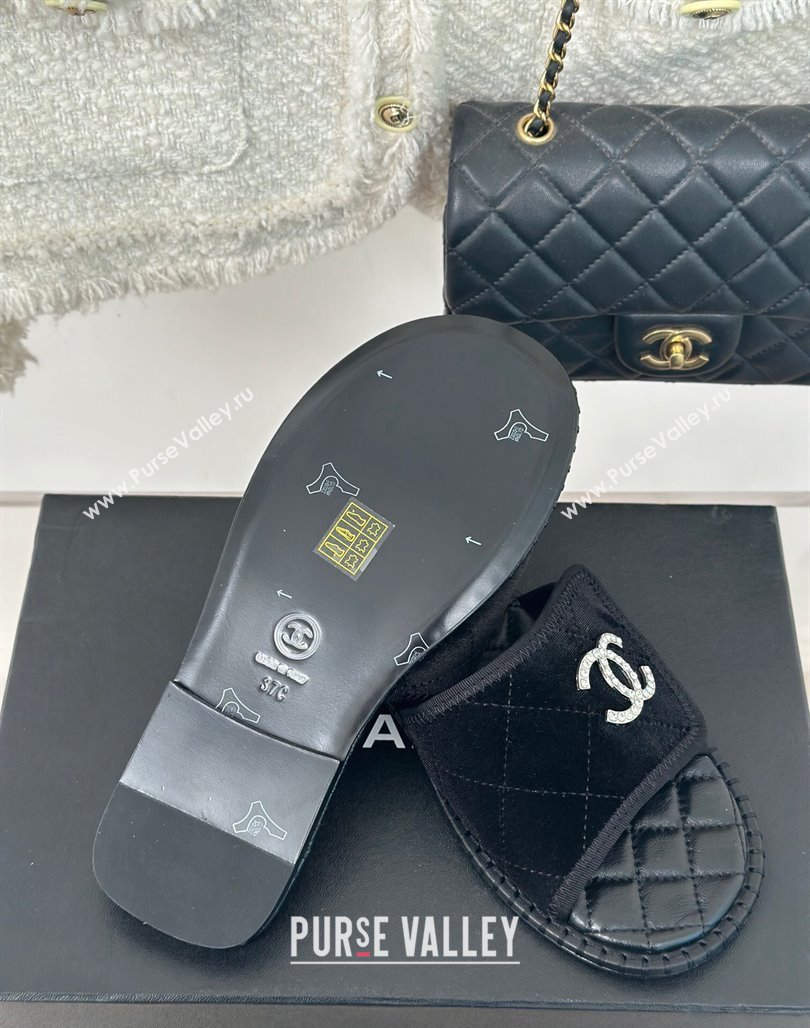 Chanel Velvet Foldover Flat Slide Sandals with Crystals CC Black 2024 (MD-240126064)