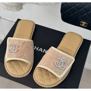 Chanel Velvet Foldover Flat Slide Sandals with Crystals CC Beige 2024 (MD-240126066)