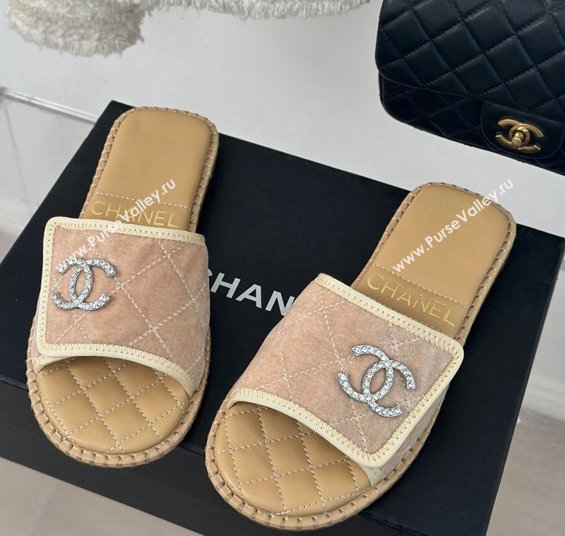 Chanel Velvet Foldover Flat Slide Sandals with Crystals CC Beige 2024 (MD-240126066)