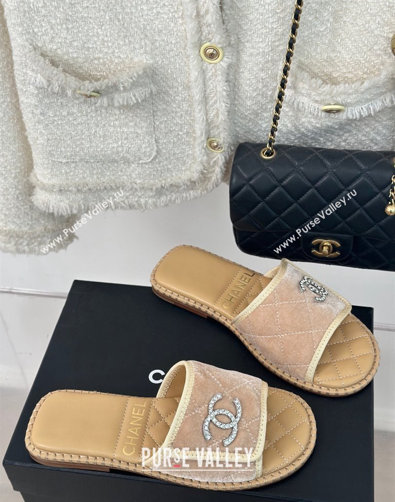 Chanel Velvet Foldover Flat Slide Sandals with Crystals CC Beige 2024 (MD-240126066)