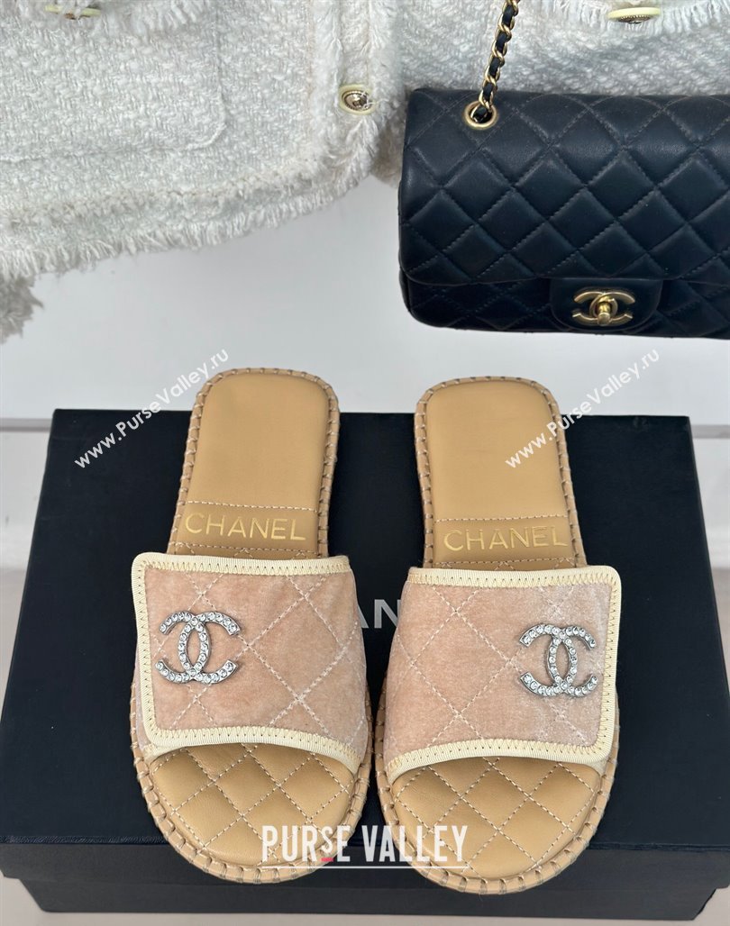 Chanel Velvet Foldover Flat Slide Sandals with Crystals CC Beige 2024 (MD-240126066)