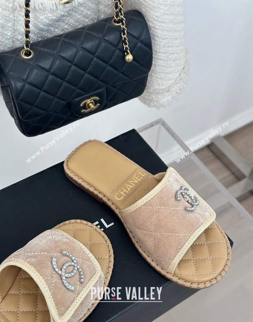 Chanel Velvet Foldover Flat Slide Sandals with Crystals CC Beige 2024 (MD-240126066)