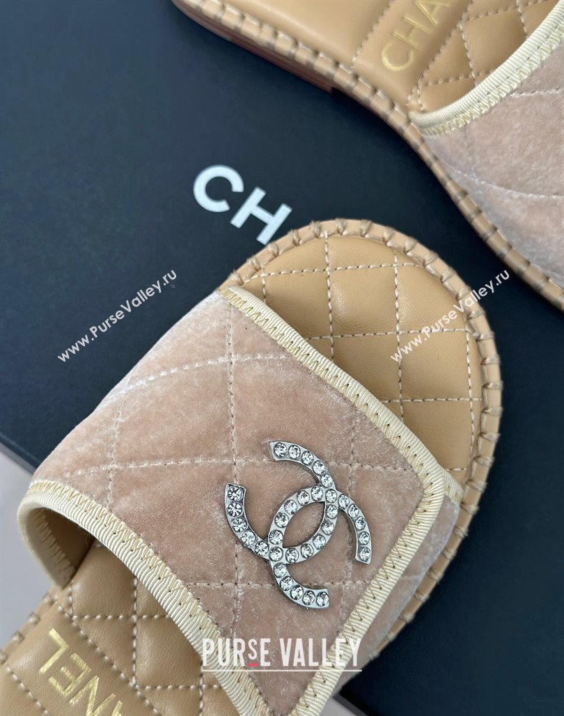 Chanel Velvet Foldover Flat Slide Sandals with Crystals CC Beige 2024 (MD-240126066)