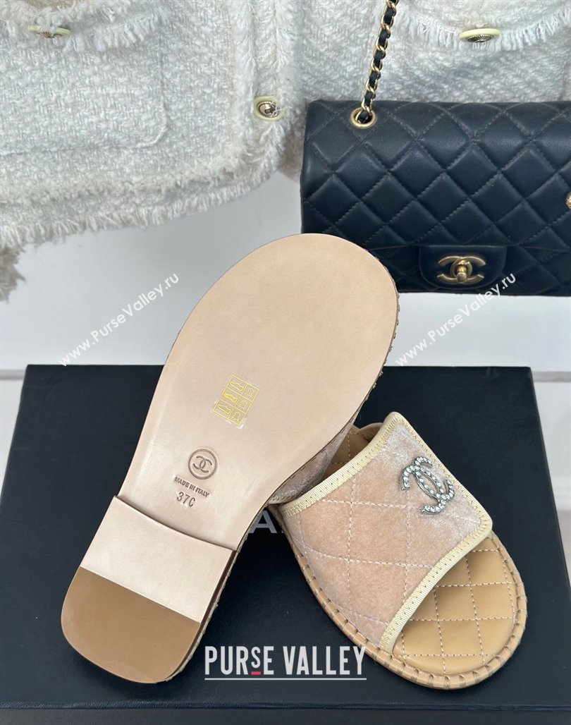 Chanel Velvet Foldover Flat Slide Sandals with Crystals CC Beige 2024 (MD-240126066)