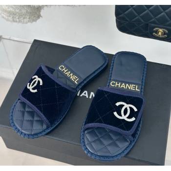 Chanel Velvet Foldover Flat Slide Sandals with Crystals CC Blue 2024 (MD-240126067)