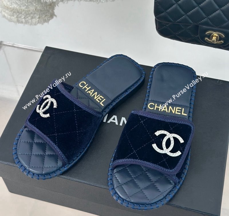 Chanel Velvet Foldover Flat Slide Sandals with Crystals CC Blue 2024 (MD-240126067)